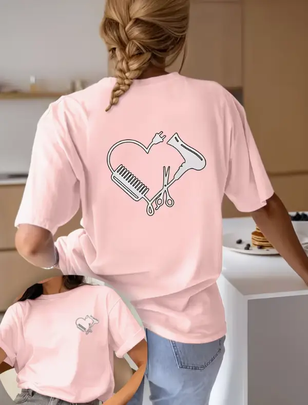 Hair Stylist Heart Hair Dryer Comb Scissors Line Art Double Sided Print Women's Pink Crew Neck Casual Short Sleeve Hairdresser Salon Oversized Graphic T-Shirt