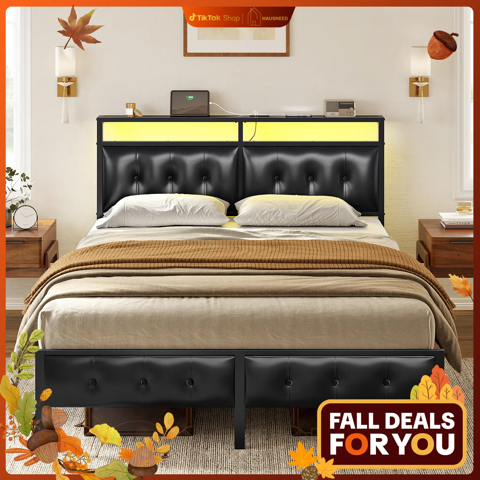 Hausneed Luxury PU Bed Frame with Storage Headboard Charging Station LED Lights for Baby Kids Bed Frame with 2 AC Outlets 2 USB Power Strips Color Cha