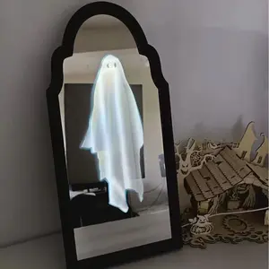 2025 Halloween Hologram Ghost Mirror – LED Spooky Haunted Mirror with Creepy Eyes, Indoor Halloween Wall Decor for Bedroom, Living Room, Fireplace, DIY Haunted House Props (Wavy Border, White Light) Decorative Gift Switch