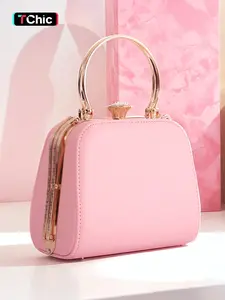 [Mother's Day]ladies' pink handbag, Handheld bag, PU leather Fashionable Bucket Bag with metallic frame, evening clutch, shoulder chain for crossbody carry, suitable for weddings, parties, graduation season, everyday bags