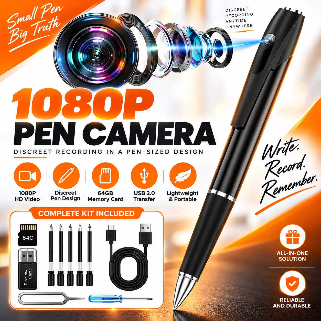 1080P Audio Pen Security Camera Kit - Discreet Recording, Pen-Sized Design, 64GB Memory Card, USB 2.0 Transfer, Lightweight & Portable