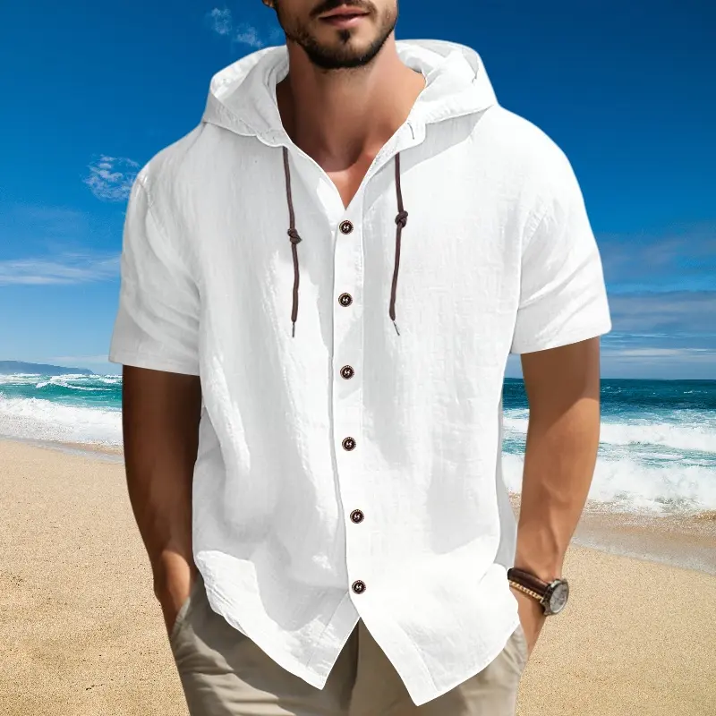 Men’s Solid Button-Front Hooded Shirt - Casual Breathable Short-Sleeve Summer Top with Plain, Simple, Classic, Stylish Fabric for Beach Vacations