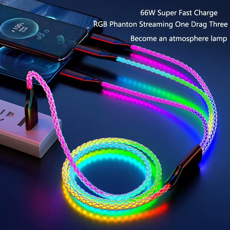 66W Multi Device Charging Cable RGB Flowing Light 3 in 1 Charging Cord, Braided Glowing USB Charger Wire Compatible With Type C Micro USB iOS Devices, Decorative Ambient Light Design For Car Home Daily Phone Charging Use For Men Women Teenagers