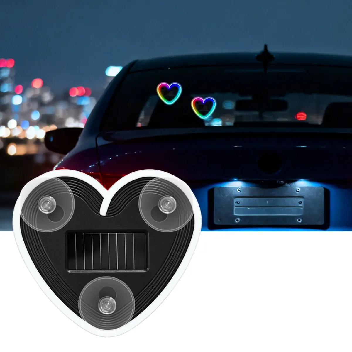 Solar powered car triangle window heart-shaped decorative light emitting atmosphere light indoor wiring free LED iridescent multi light mode Car Light Embellishments, Car Interior Lights, Car Ambient Lighting