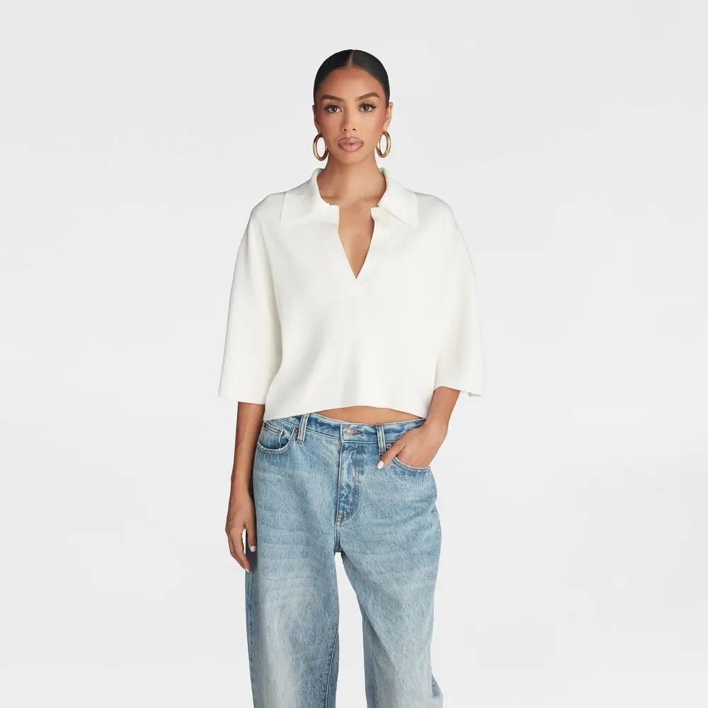 KBB by KAHLANA Women's Short Sleeve Boxy 'The Cropped Polo Sweater', Everyday, Style