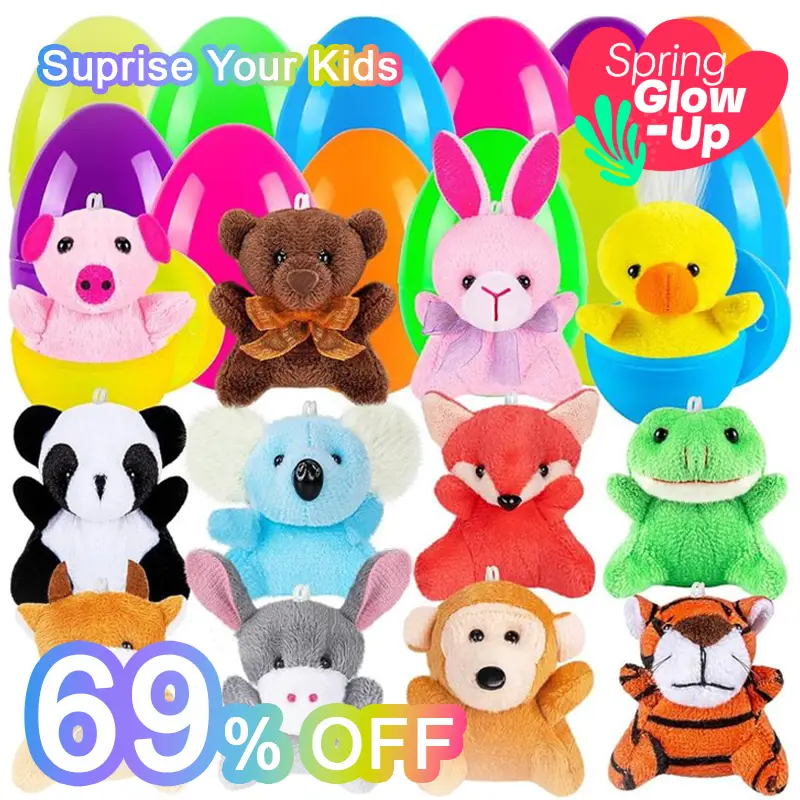 Prefilled Easter Eggs Toys 12pcs and Stickers for Easter Egg Hunt plush bunny Stress Relief Toys Easter bunny Birthday gift fushigi ball Animal Plus