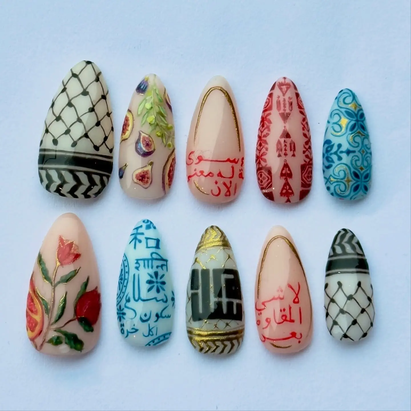 Palestinian Heritage Press On Nails, Arabic Calligraphy Keffiyeh Fig Pomegranate Rose Mosaic Almond False Nail Set