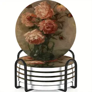 6-piece ceramic coaster set, cup holder, rose bouquet, heat-resistant and non-slip beverage mat, suitable for home and restaurant table decoration, perfect housewarming gift.