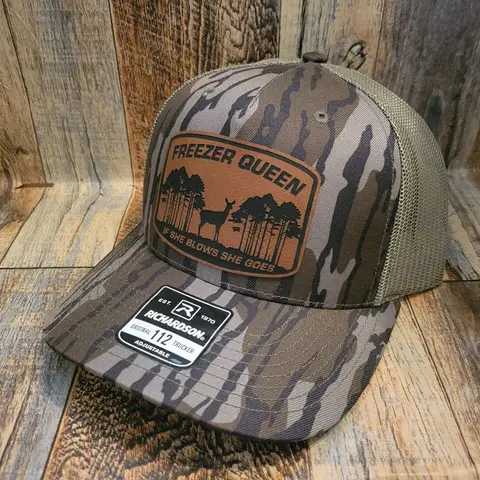 Freezer Queens Deer Hunters Baseball Cap - Camouflage Pattern, Camo Style, Casual Outdoor Hats, Decorative Patch, Branding Details, Bark Brown 168 Flat Bill, Bottomlands Flexfit S/M Adjustable Hat