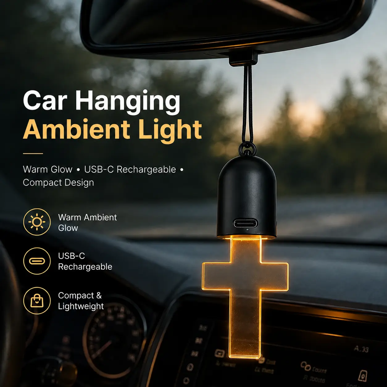 Glowing Acrylic Cross Car Hanging Pendant, Universal Rearview Mirror Ornament with Auto On Off Light, Retro Car Interior Ambient Decoration, Automotive Hanging Accessories, Creative Car Decor Gift