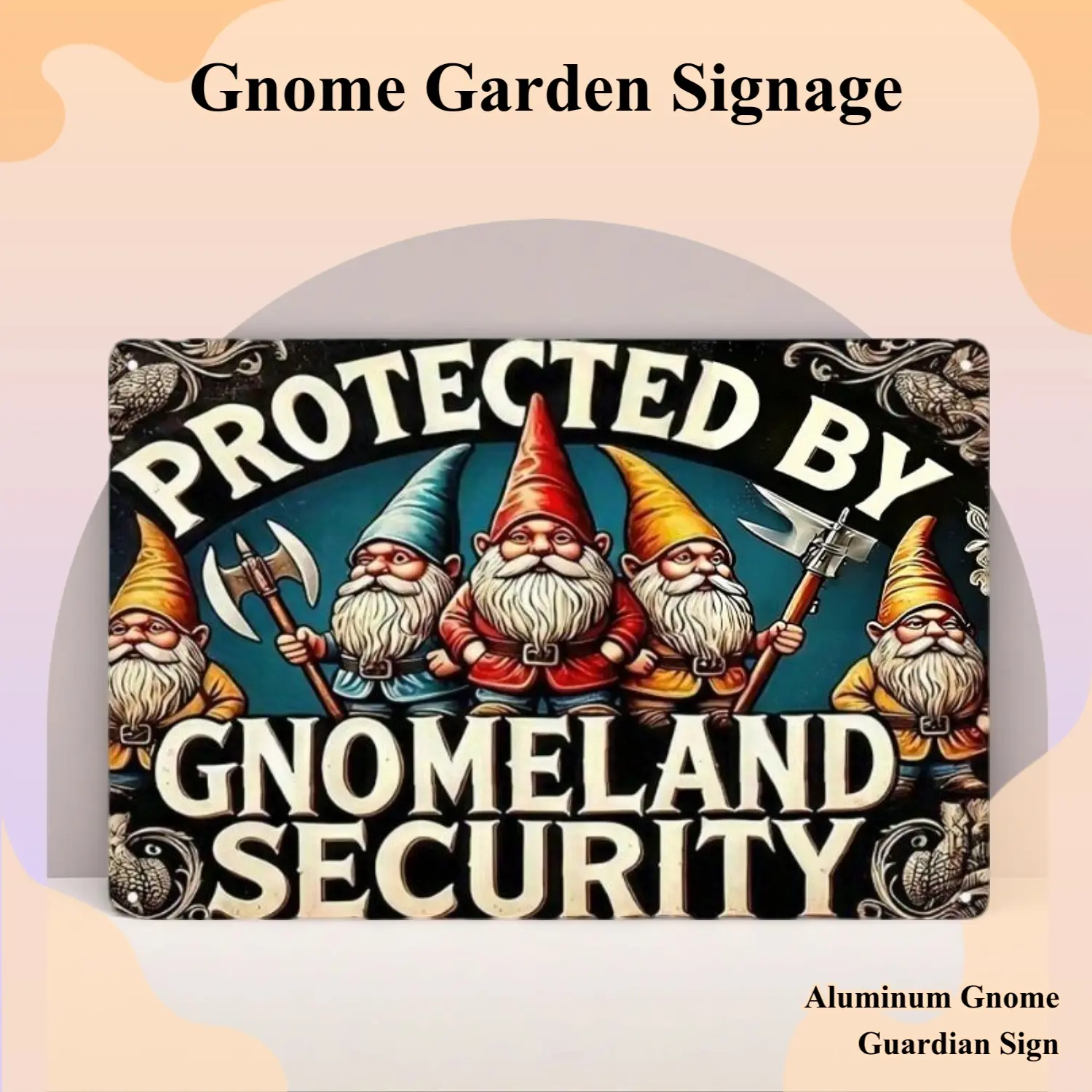 Aluminum Garden Gnome Decoration 2D Sign, Outdoor Wall Decor for Courtyard and Living Room, Fun Gnome Guardian Emblem, Gnome Land Security