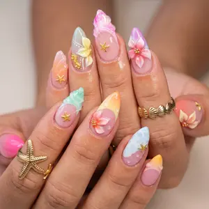 10 Pcs Handmade High-Quality Reusable Almond Fake Nails, Cute Acrylic Press-Ons with Nail Art & Charms Gel Strips (Festive & Party Accessory)