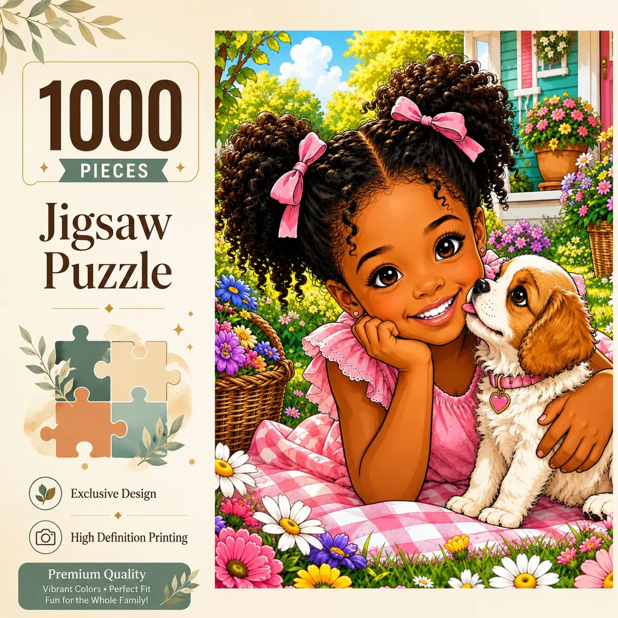 Cute Girl and Puppy Flower Garden 1000 Pieces Jigsaw Puzzle for Adults, Challenging Family Game for Stress Relief Relaxation and Brain Exercise, Colorful Wall Decor Gift for Dog Lovers and Seniors, 19.7x27.6inch(50x70cm)