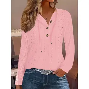 [Casual Hoodie Sweatshirt] Casual Long Sleeve Drawstring Hoodie - Solid Color Button Eyelet Sweatshirt for Women