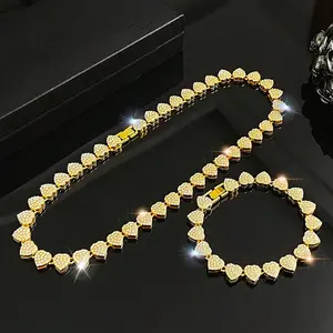 2PCS Luxurious Heart Shape Cuban Chain Necklace & Bracelet Set, Unisex Hip Hop Style Hypoallergenic Exaggerated Shiny Cubic Zirconia Choker Jewelry Party, Proms, Music Festivals, And Holiday Wear Accessories Birthdays, and Special Occasions Gift