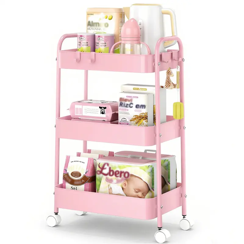 3-Tier Durable Metal Rolling Rack, Home Organizer Cabinet-Rack with Lockable Wheels, 10-15 Kg Capacity, Easy Assembly, Compact Modern Design, Counter-Fit for Kitchen/Bathrooms/Books Storage