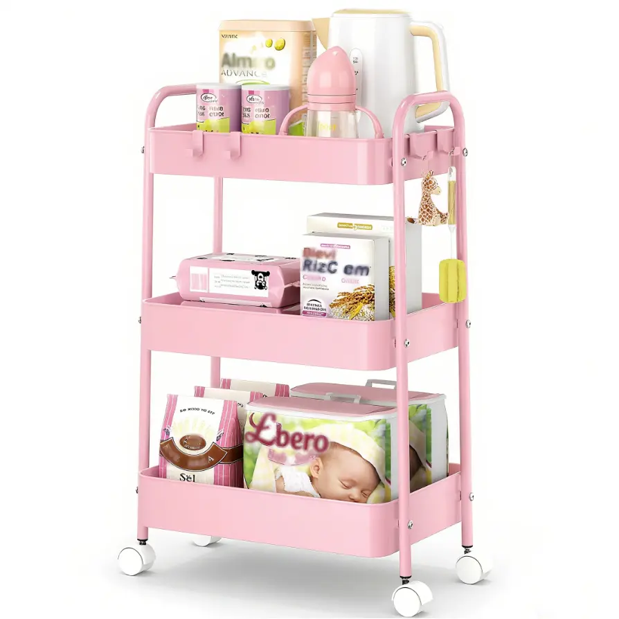 3-Layer Rectangle Durable Metal Rolling Cabinet-Rack with Lockable Wheels, 10-15 Kg Capacity, Easy Assembly - Decorative Storage Organizers for Room Food & Beverage, Bathroom Jewelry