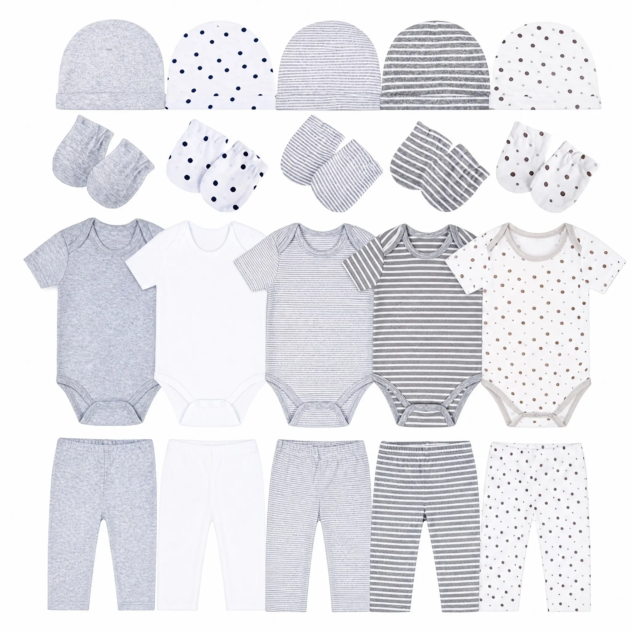 JY.COZY FOR BABY Girl Boy Clothes Layette Set Unisex Onesie Light Grey 20 Pack Organic Cotton 5 Bodysuits 5 Pants 5 Hats 5 Gloves Infant Pajamas Newborn Outfits Hypoallergenic Breathable Stretchy