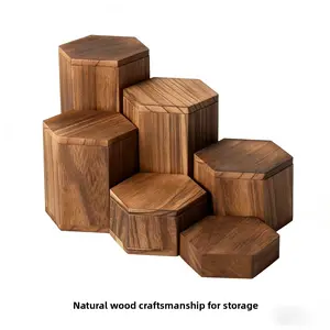 Wooden 6PCS Hexagon Jewelry Accessory Display Stand Brown Cube Shelf Gift Storage Living Room Bedroom Doll Organizer Necklace Bracelet Desktop Glasses Rack for Home Office Mall Utility Rack