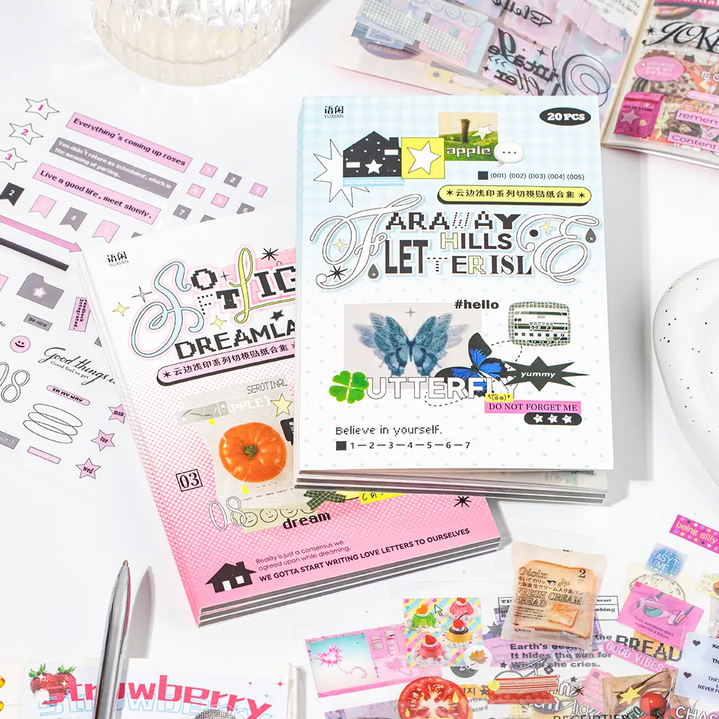 2-Style 20-Sheet Waterproof Aesthetic PET Adhesive Die-Cut Sticker Set – Transparent Korean & Modern Object Cut-Out Stickers with Text Lettering for Journaling, Scrapbooking, Adhesive Stickers Stickers, Die-Cut Stickers