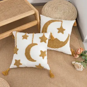 Boho Star Moon Pillow Cover Set, Cotton Fabric with Fringe Trim, Square Cushion Case for Living Room Sofa Car, 45x45cm, All Seasons Decor