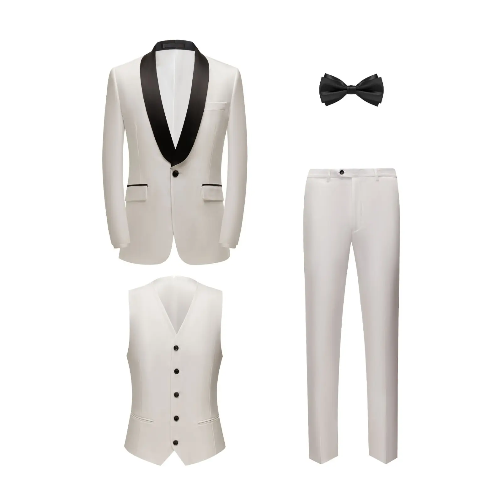 Men's 4-piece White Suit with Shawl Collar | Stretch Trousers + Bow Tie + Jacket + Vest, Suitable for Banquets and Weddings.
