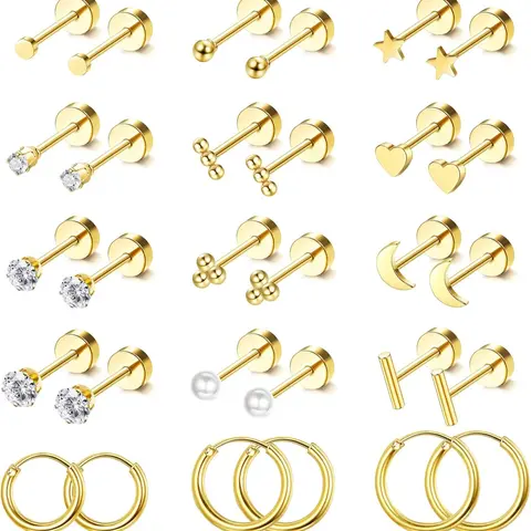 Hypoallergenic Small Stud Earrings with Flat Backs, Plated Surgical Stainless Steel, Unisex Tiny Screw Back Design, Stud Earring Jewelry, Ear Studs