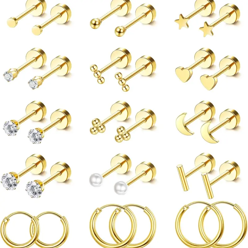 Hypoallergenic Small Stud Earrings with Flat Backs, Plated Surgical Stainless Steel, Unisex Tiny Screw Back Design, Stud Earring Jewelry, Ear Studs