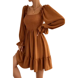 2026 Simple Square Collar Parallel Crepe Dress Body Frill Hem Skirt Dress