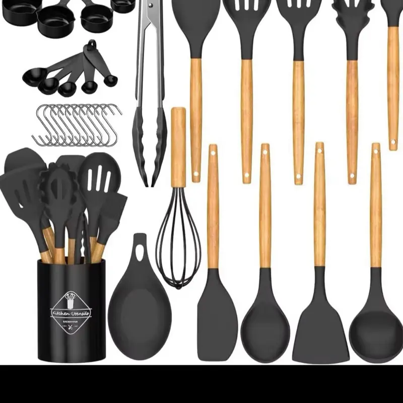 33-Piece Food Grade Silicone Kitchen Utensils Set with Wooden Handles, Scandinavian Style - Soup Scoop, Cooking Spoon, Stirring Shovel, Durable Storage-Included Cooking Utensils