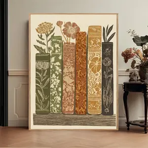 Earth Tone Book Stack Folk Botanical Wall Art, Vintage Floral Print, Nature-Inspired Decor Poster (Unframed)