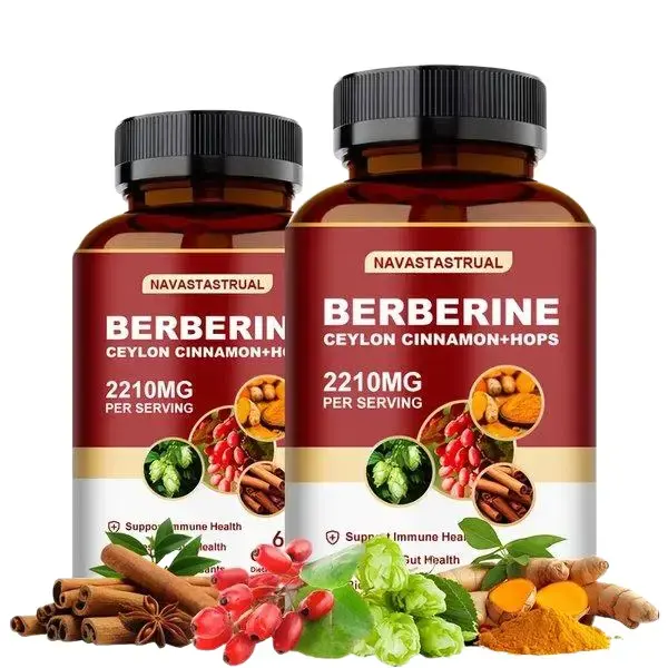 2 Bottles, 120 Capsules, Berberine Capsules Supplement, with Ceylon Cinnamon, Berberine, Green Tea, Hops, Turmeric, All-in-One Multi-Herbal Supplement for Digestive And Gut Health Support, Healthy Immune System