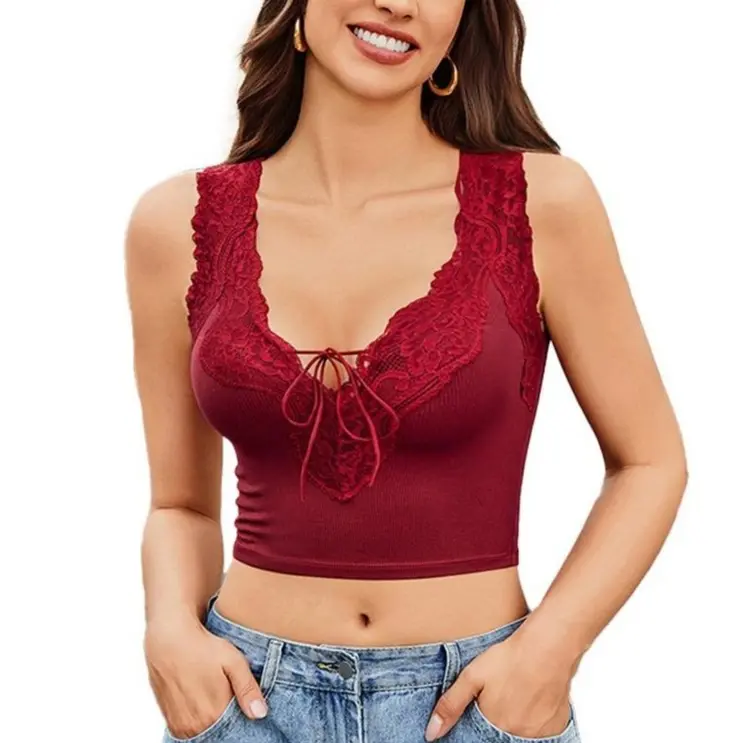 Avidlove Plunge Crop Tops for Women V Neck Ribbed Tank Tops Summer Y2K Trendy Tie Front Lace Patchwork Cropped Top