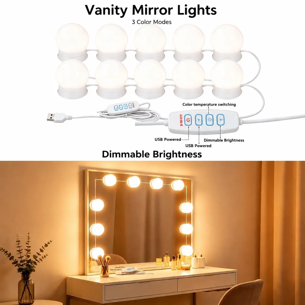 LED Vanity Mirror Lights Kit with 10 Dimmable Lamps, 3 Color Lighting Modes, Adjustable Brightness, Detachable Wire, USB Powered, Double Tape Stick-On for Bedroom Makeup Tables (Home & Bathroom Decor)