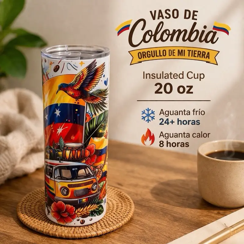Colombian Tumbler 20oz Orgullo de Mi Tierra Insulated Cup for Hot & Cold Drinks 24+ Hours Cold 8 Hours Hot Drinkware Flasks