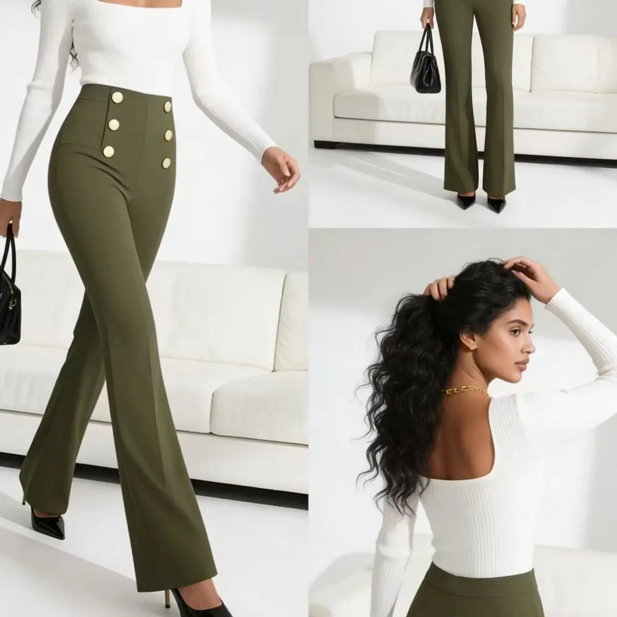 Women's Lady High-Waisted Flared Cut Athletic Joggers - Slimming, Quick-Drying, Buttoned, Stretchy, Compression, Breathable Bottoms for Nude Yoga (Multi-Color Options), Sporty Chic, Support, Breathable Fabric, Tummy Control, Female, High Stretch, Machine