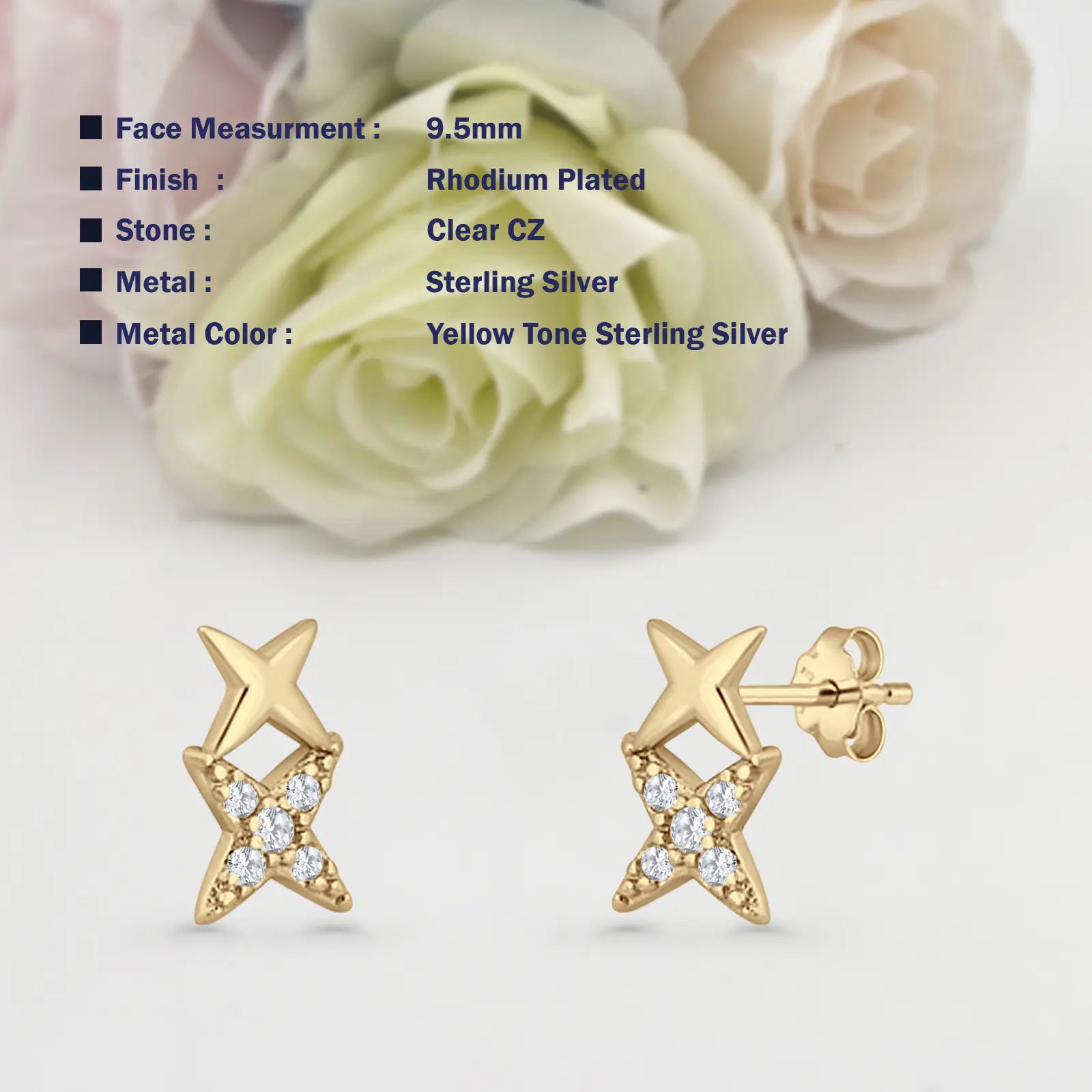 9.5mm Cluster Star Stud Earrings Push Back CZ 925 Sterling Silver Women Round Earring