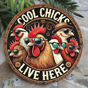 Vintage Wooden Chicken Coop Decoration Sign, Round Chicken Pattern Hanging Plaque, Wall Hanging Decor for Home Farmhouse, Door Hanging Sign