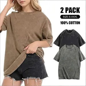 Men's & Women's 2-Pack 230g Heavyweight Soft Washed Vintage Round Neck 100% Cotton Short Sleeve Acid Wash Basic T-Shirts, All-Season Streetwear Casual Sports Tops, Shortsleeve