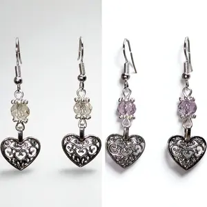 Amethyst and Citrine Faceted Crystal Earrings with Hearts - Sparkling Heart-Shaped Designs with Crystal Accents