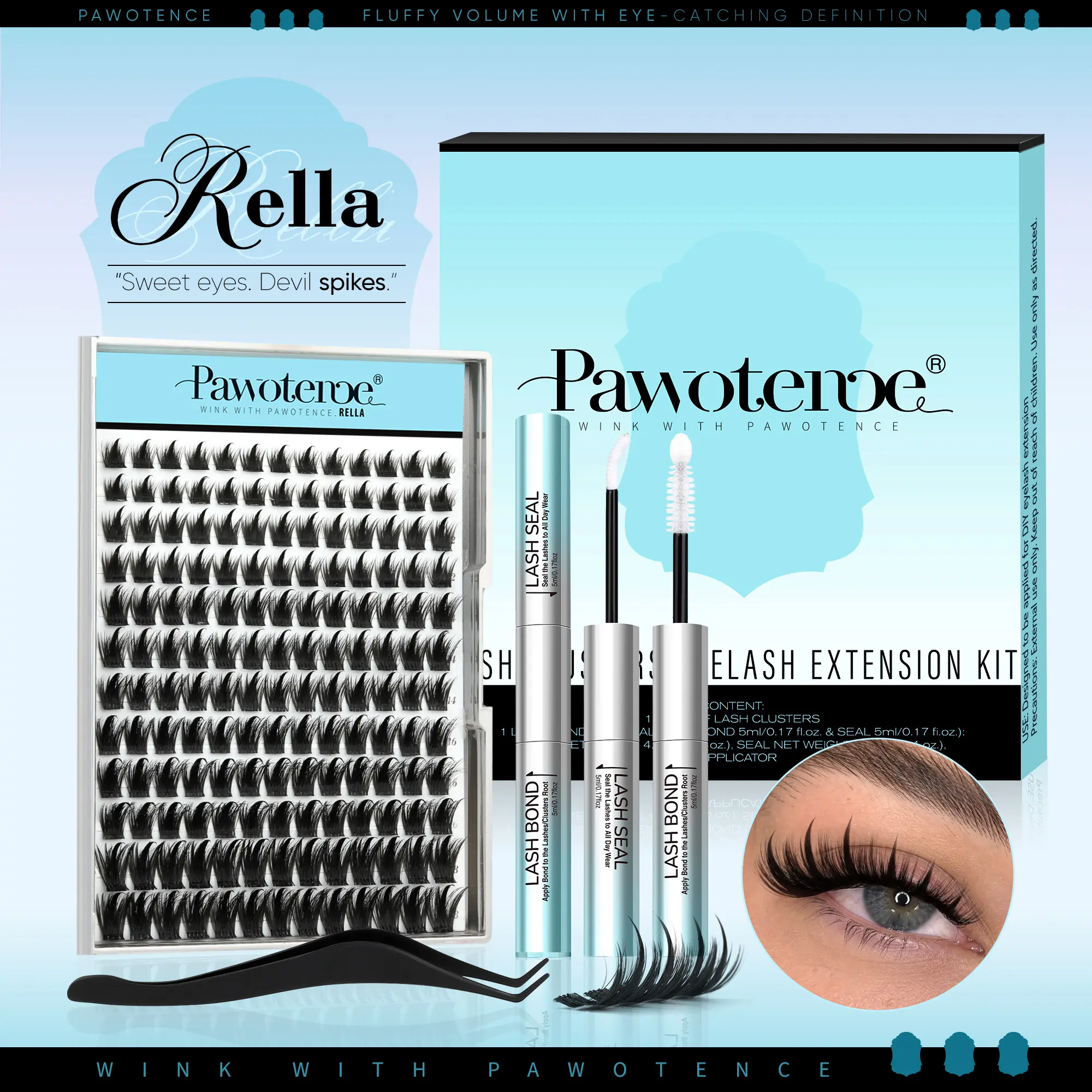 Pawotence Rella Cosmetic Soft Fluffy Volume Lash Clusters Kit, DIY Natural Eyelash Extensions for Beginners, At-Home Clean Girl Cosplay Application Individual False Lashes