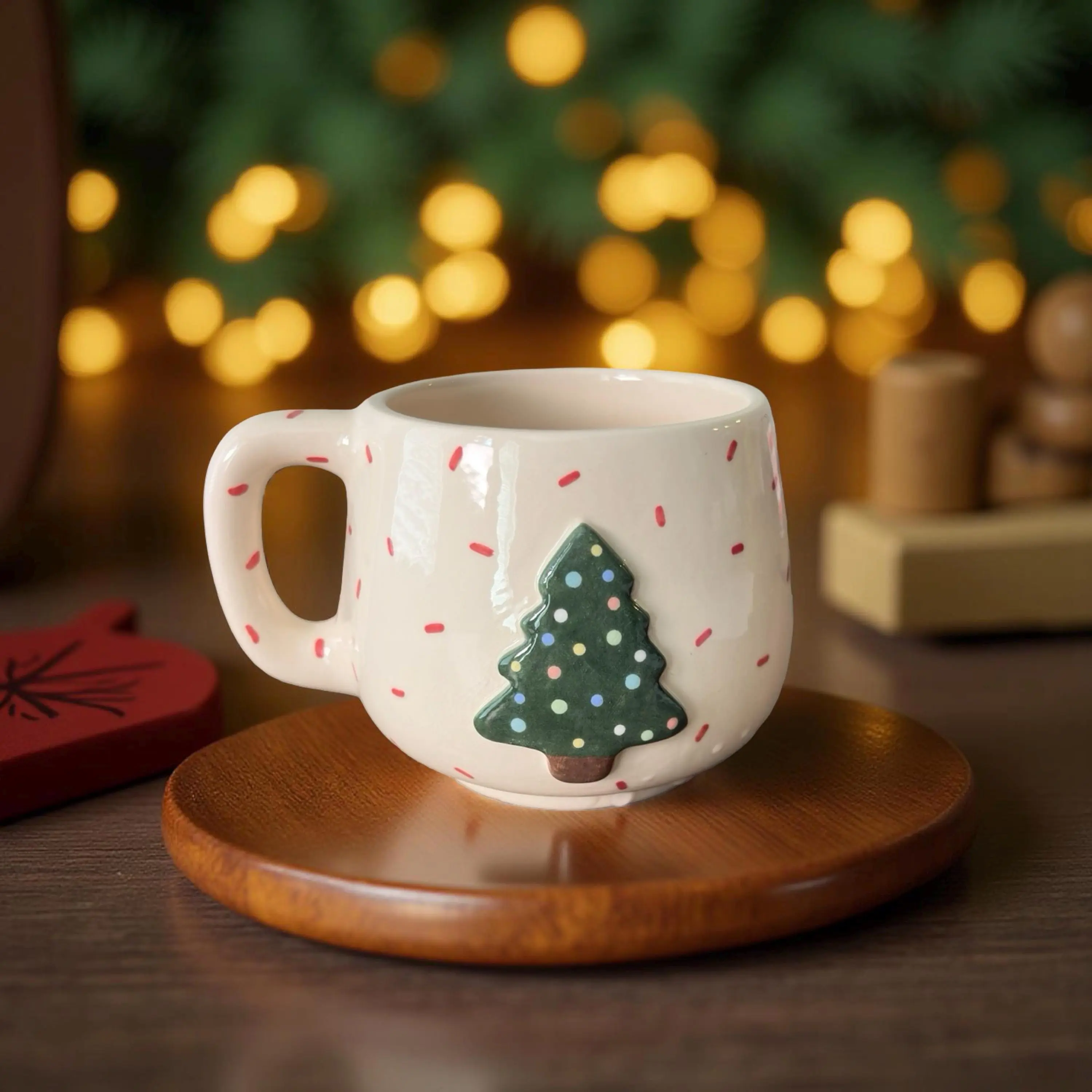 12oz Handmade Ceramic Christmas Mug with Handle - Festive Reusable Washable Drinkware for Hot Cocoa Lovers, Ideal for Holiday Home Décor Drinks
