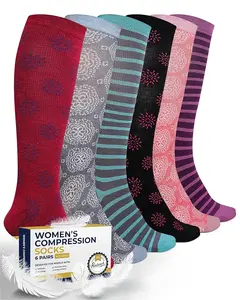 Pembrook Women's Light Compression Socks 6 Pairs Floral & Striped 8-15 mmHg Cotton
