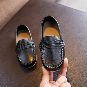 Youngsters' Slip-On Loafers - Stylish & Comfortable Casual Shoes for Boys & Girls, Durable Non-Slip Rubber Sole, Perfect for Spring/Summer/Fall, Black with Brown Accents, Cute Shoes Junior Leather