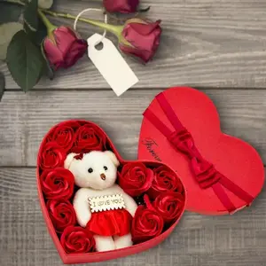 Artificial Rose Gift Box, Heart Shaped Rose Box with Bear Doll, Beautiful Gift Box, Gift for Girlfriend Wife, Party Supplies for Birthday Wedding Anniversary Decor, Unique Birthday Gifts
