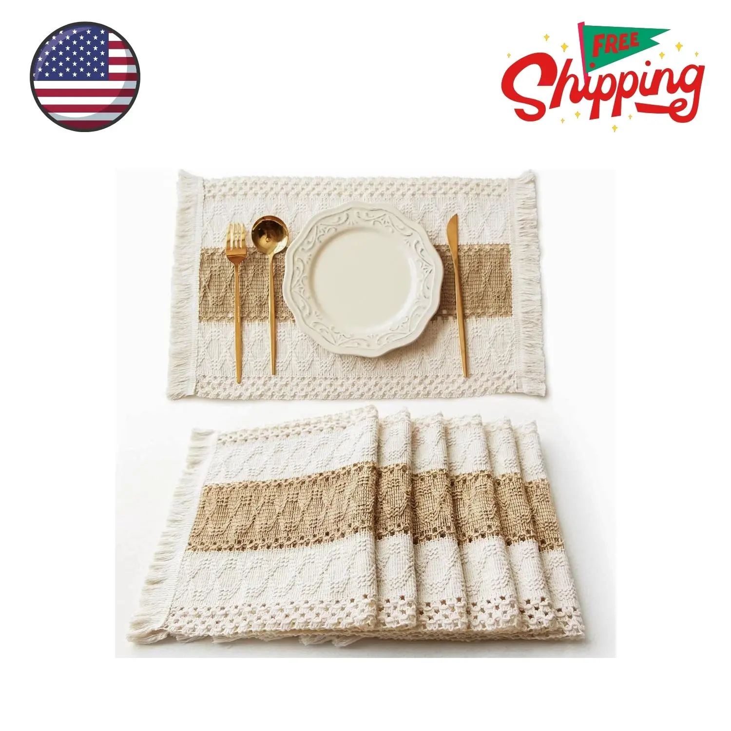 Boho Placemats Set of 6, Macrame Table Mats Farmhouse Dining Decor | 12x20"