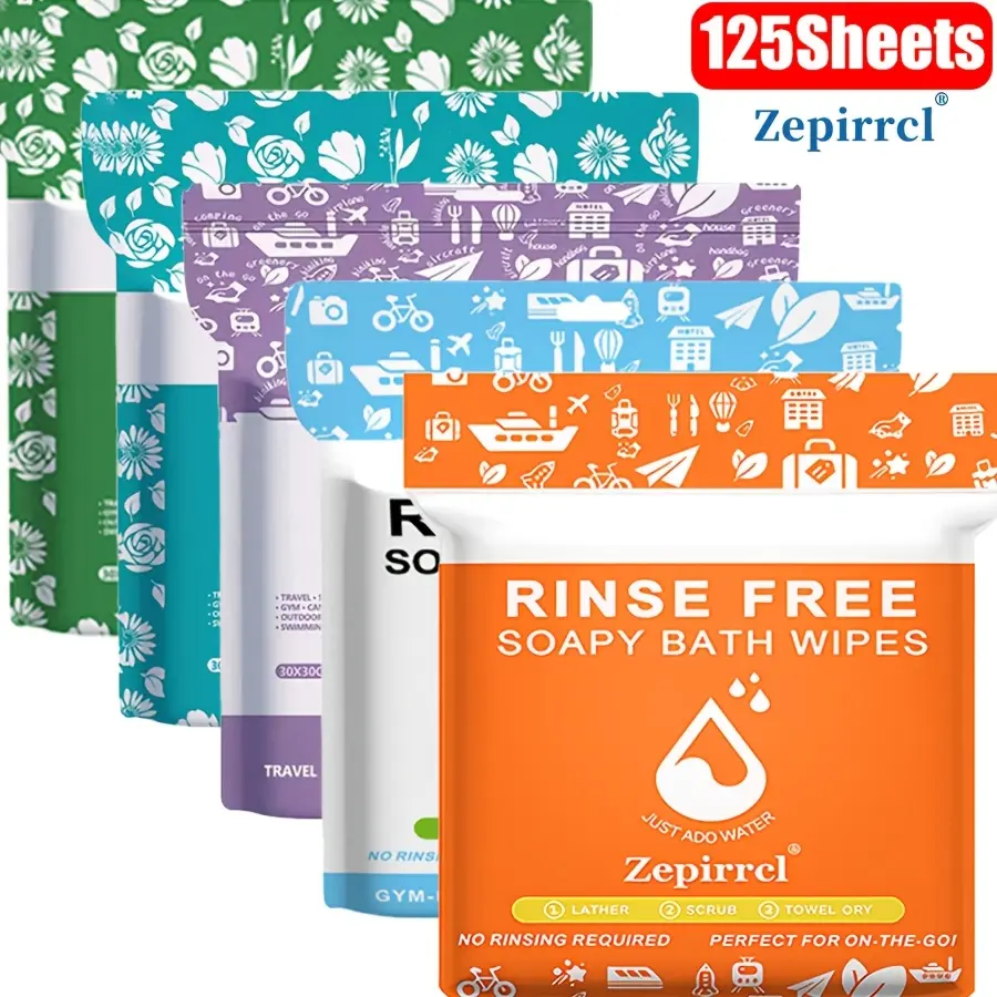11.81 × 11.81 in, 125 sheets. Disposable, no rinse shower wipes suitable for sensitive skin—all-in-one shower wipes that require only wetting, foaming, and drying; no shampoo or rinsing needed. 25 sheets per pack.