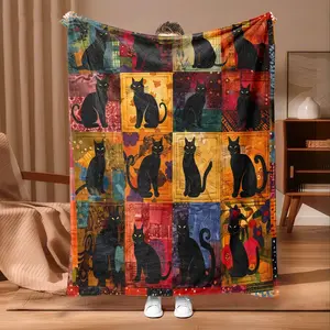 Vintage Cat Patchwork Flannel Blanket, Portable Nap Blanket for Office Sofa Bed Plane Car, All-Season Warm Blanket