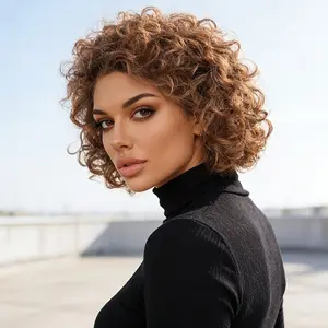 Fashion wig, women's 12-inch light brown short curly wig, suitable for daily use, natural curly style for parties and photography, adds a bright and playful touch to events and photos, glue-free wear, no need for adhesive,   and various festive occasions.
