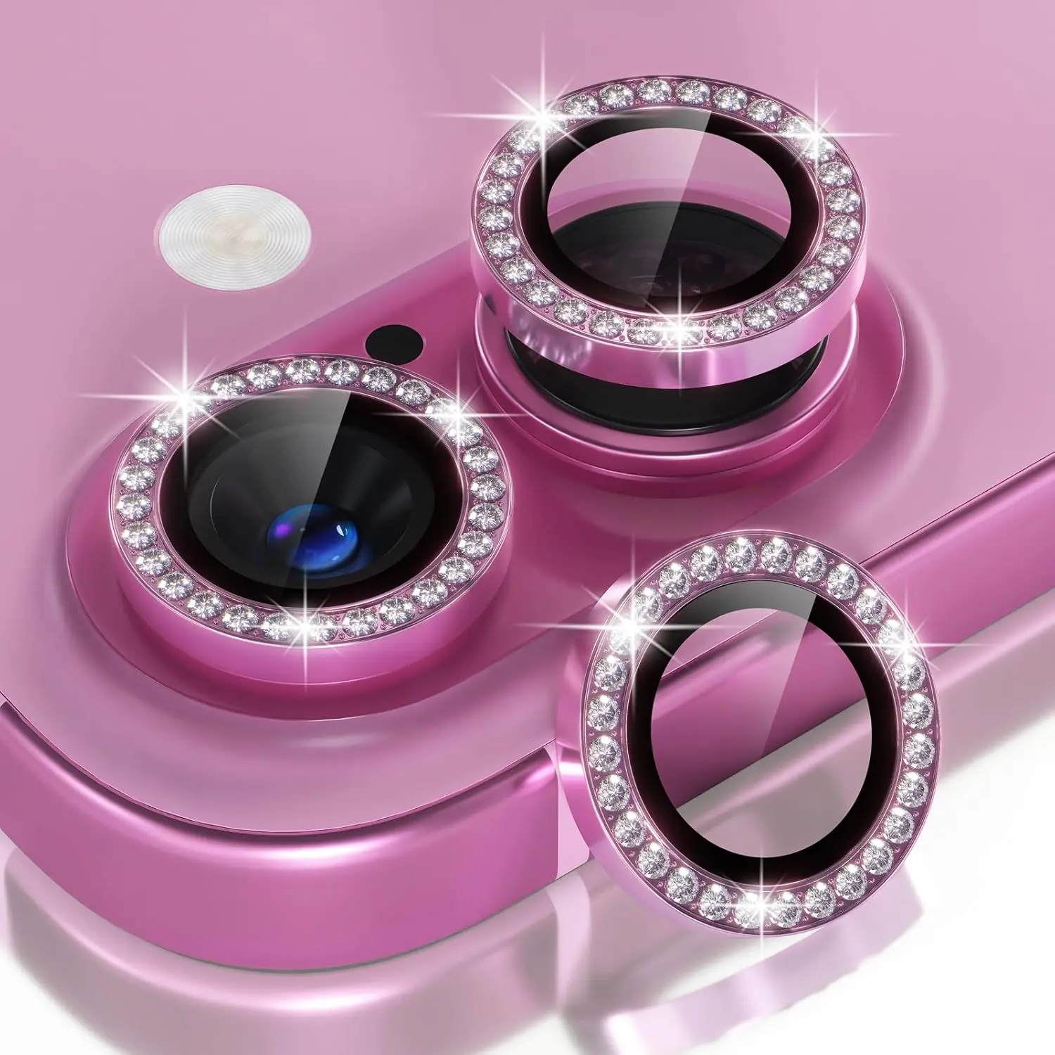 [Diamond Pink] Glimprese Camera Lens Protector, Smartphone Accessories, Cellphone Accessory, Cellphone Compatible for iPhone 17 16 16Plus 15 15Plus 14, 9H Tempered Glass Camera Cover Protector, HD Clear, Metal Ring Decoration Accessories Protection